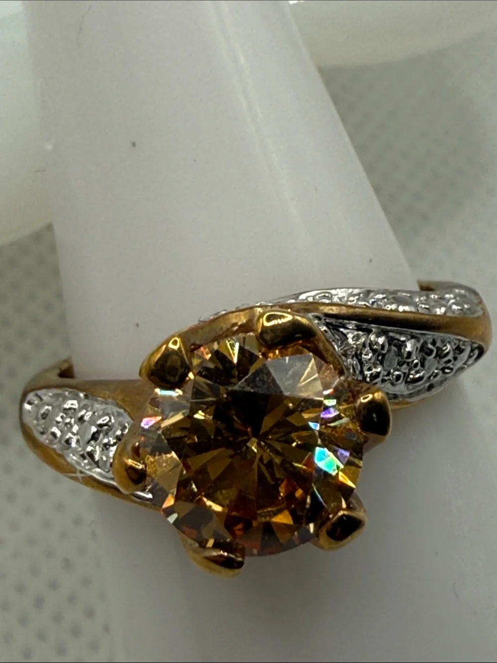 Vintage Gold-Tone plated Citrine Solitaire Ring Pavé Accents mixed metal glam